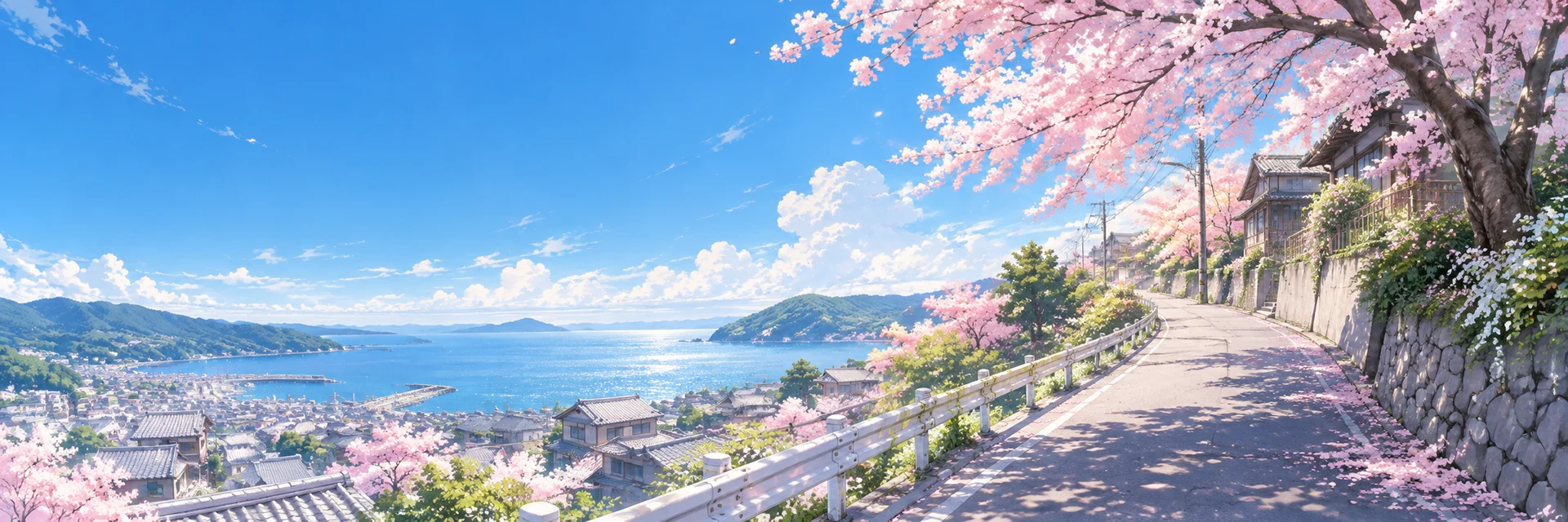 蓝天与樱花坡道的站点插画